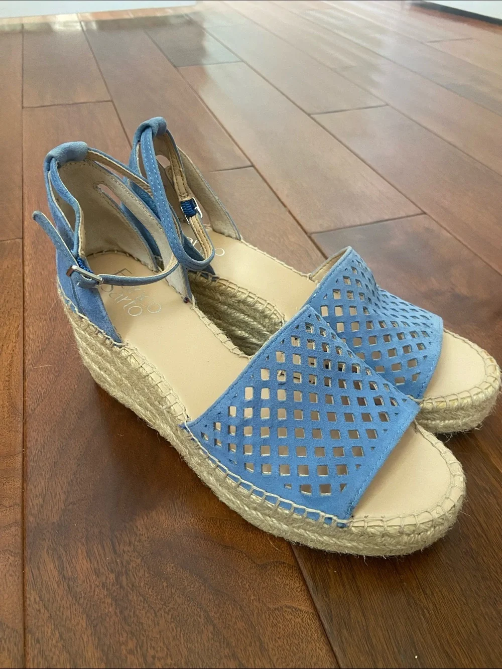 Franco Sarto Light Blue leather Espadrille Wedge Sandals with Ankle Strap.